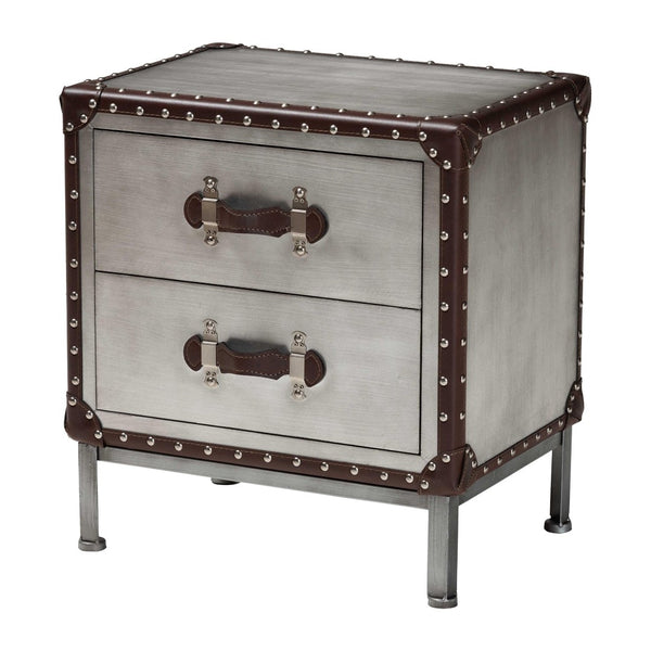 Baxton Studio Baxton Studio Jacey Vintage Silver Metal End Table with 2 Drawers for Industrial Elegance & Storage JY24A032-Wooden-Cabinet