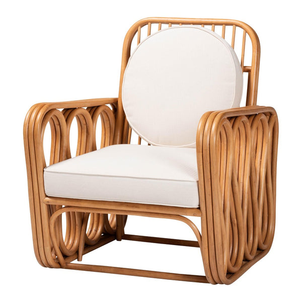 Baxton Studio bali Bali Tiramisu Bohemian Rattan Arm Chair – Handcrafted Comfort with Plush Cushion & Unique Design Tiramisu-Light Honey Rattan-AC