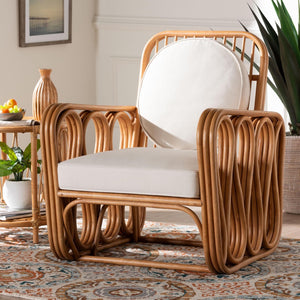 Baxton Studio bali Bali Tiramisu Bohemian Rattan Arm Chair – Handcrafted Comfort with Plush Cushion & Unique Design Tiramisu-Light Honey Rattan-AC