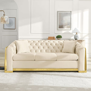 English Elm 84" Velvet Tufted Chesterfield Sofa Mid Century Three Seat Gold Trim Living Room Beige W1191S00113