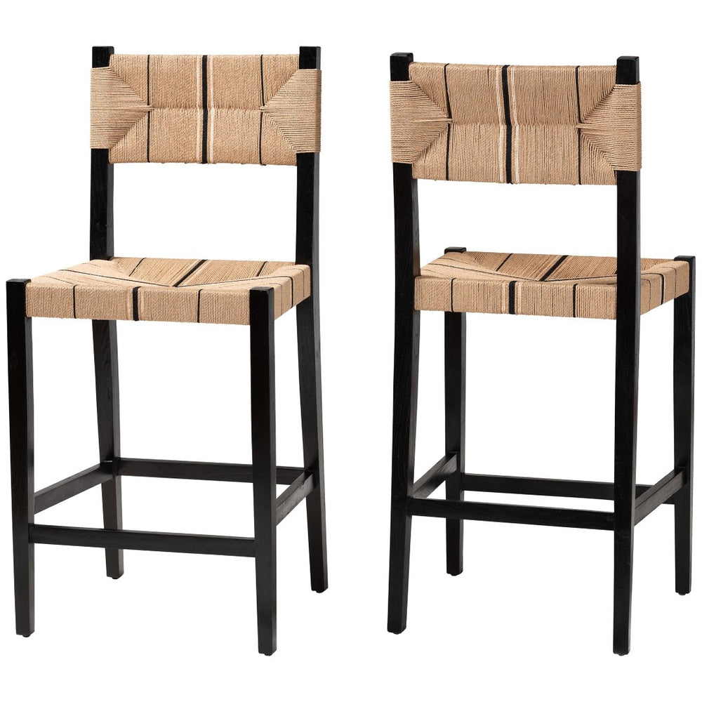 Baxton Studio bali Prita Bohemian Bar Stool Set - 2-Piece Handcrafted Mahogany & Paper Loom Stools for Modern Spaces BC-02-Parekesit-Wood/Black-BS