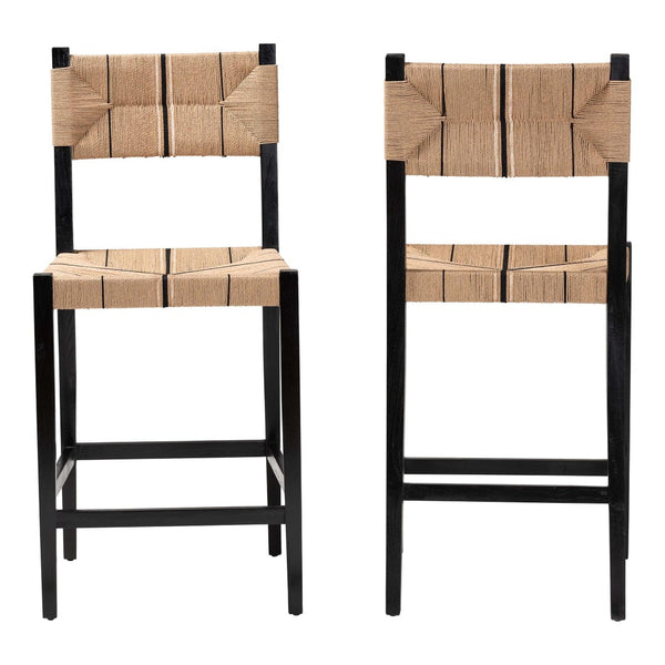 Baxton Studio bali Prita Bohemian Bar Stool Set - 2-Piece Handcrafted Mahogany & Paper Loom Stools for Modern Spaces BC-02-Parekesit-Wood/Black-BS