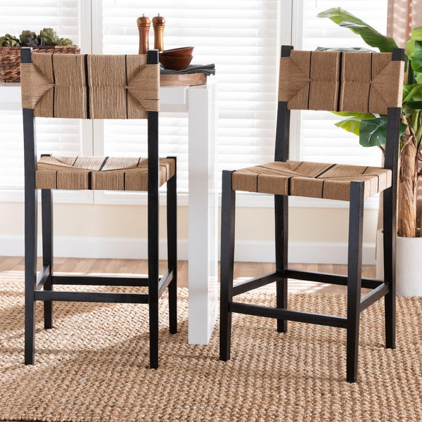 Baxton Studio bali Prita Bohemian Bar Stool Set - 2-Piece Handcrafted Mahogany & Paper Loom Stools for Modern Spaces BC-02-Parekesit-Wood/Black-BS