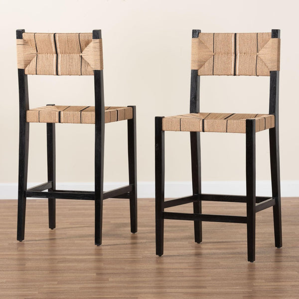 Baxton Studio bali Prita Bohemian Bar Stool Set - 2-Piece Handcrafted Mahogany & Paper Loom Stools for Modern Spaces BC-02-Parekesit-Wood/Black-BS