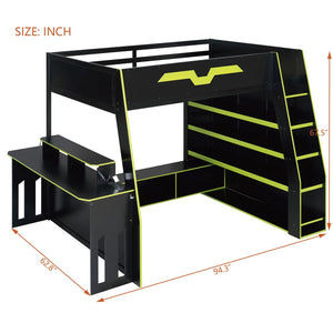 English Elm Full Size Wood Loft Bed with Rgb Lighting Desk and Multi-tier Shelves for Gaming Green LT000374AAG