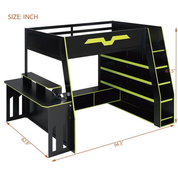 English Elm Full Size Wood Loft Bed with Rgb Lighting Desk and Multi-tier Shelves for Gaming Green LT000374AAG