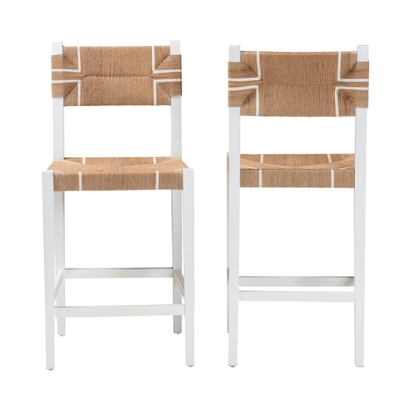 Baxton Studio bali Talli Bohemian 2-Piece Bar Stool Set – Handcrafted White Mahogany & Paper Loom for Chic Comfort BCP-01-Wood/White-BS