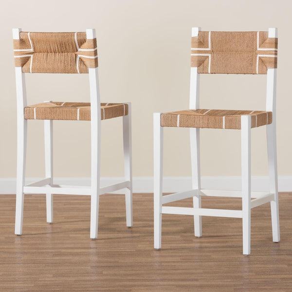 Baxton Studio bali Talli Bohemian 2-Piece Bar Stool Set – Handcrafted White Mahogany & Paper Loom for Chic Comfort BCP-01-Wood/White-BS