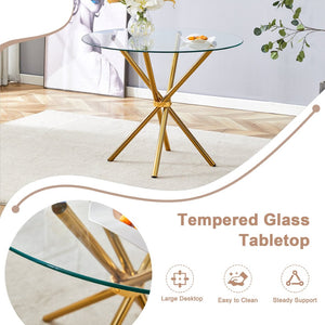 English Elm A Round Tempered Glass Dining Table with Sculptural Black Metal Legs for Modern Spaces W1151P411358