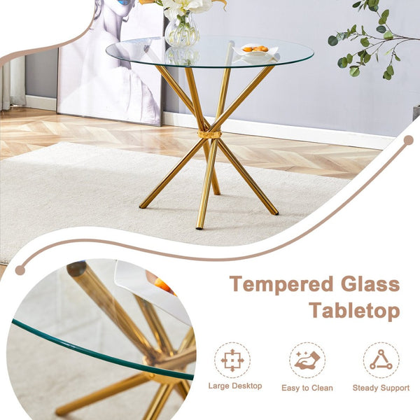English Elm A Round Tempered Glass Dining Table with Sculptural Black Metal Legs for Modern Spaces W1151P411358
