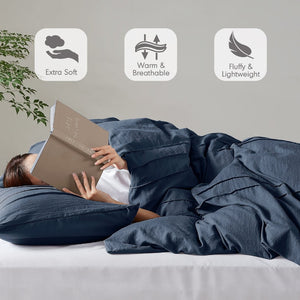 English Elm 3-piece Cal King Pintuck Pleated Microfiber Comforter Set Soft Washed Tailored Bedding Navy B035P463227