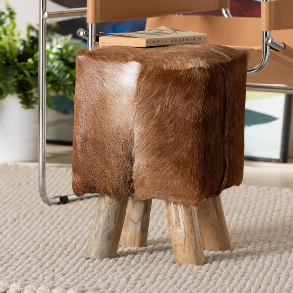 Baxton Studio bali Scotlyn Handcrafted Goat Leather Footstool with Teak Wood Legs - Rustic Boho Accent for Home SGLS-01-Teak Wood/Natural-Stool