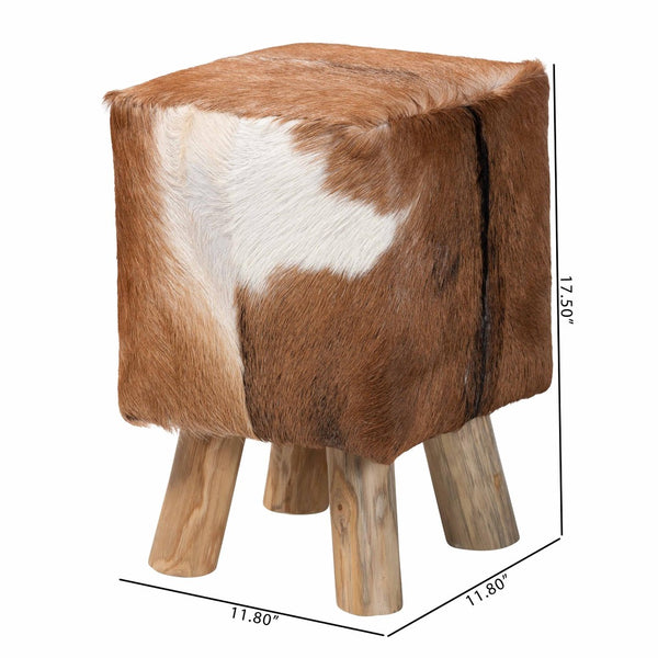 Baxton Studio bali Scotlyn Handcrafted Goat Leather Footstool with Teak Wood Legs - Rustic Boho Accent for Home SGLS-01-Teak Wood/Natural-Stool