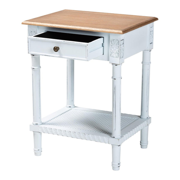Baxton Studio Baxton Legrand French-Inspired 1-Drawer End Table with Rattan Shelf - Classic Two-Tone Design JY23B395-Wooden White/Light Brown-ET