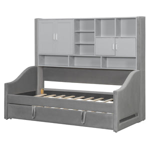 English Elm Twin Upholstered Daybed with LED Armrest Lighting, Hidden Storage Shelves & Lift-Up Pull-Out Trundle Gray SF000198AAE