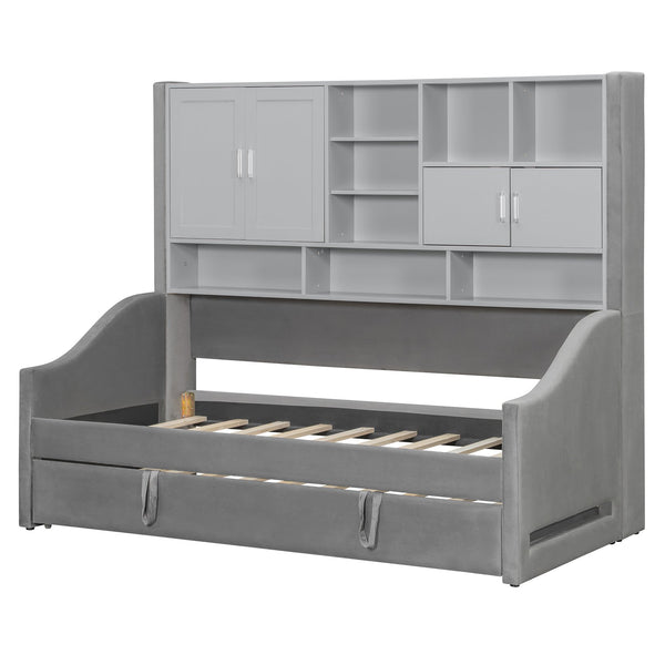 English Elm Twin Upholstered Daybed with LED Armrest Lighting, Hidden Storage Shelves & Lift-Up Pull-Out Trundle Gray SF000198AAE