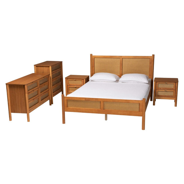 Baxton Studio Baxton Studio Jenn Golden Brown Wood Japandi Queen Size Bedroom Set with Rattan Accents & Style 5-Piece Jenn-Distressed/NT Oak-Queen 5PC Bedroom Set