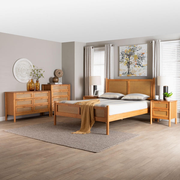 Baxton Studio Baxton Studio Jenn Golden Brown Wood Japandi Queen Size Bedroom Set with Rattan Accents & Style 5-Piece Jenn-Distressed/NT Oak-Queen 5PC Bedroom Set