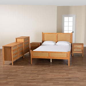 Baxton Studio Baxton Studio Jenn Golden Brown Wood Japandi Queen Size Bedroom Set with Rattan Accents & Style 5-Piece Jenn-Distressed/NT Oak-Queen 5PC Bedroom Set