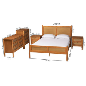 Baxton Studio Baxton Studio Jenn Golden Brown Wood Japandi Queen Size Bedroom Set with Rattan Accents & Style 5-Piece Jenn-Distressed/NT Oak-Queen 5PC Bedroom Set