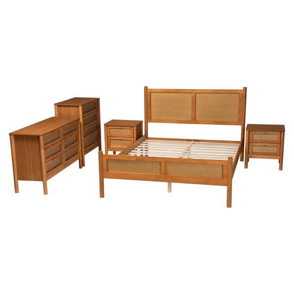 Baxton Studio Baxton Studio Jenn Golden Brown Wood Japandi Queen Size Bedroom Set with Rattan Accents & Style 5-Piece Jenn-Distressed/NT Oak-Queen 5PC Bedroom Set