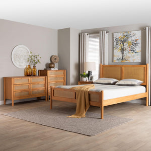 Baxton Studio Baxton Studio Jenn Golden Brown Wood Japandi Queen Size Bedroom Set with Rattan Accents & Style 4-Piece Jenn-Distressed/NT Oak-Queen 4PC Bedroom Set