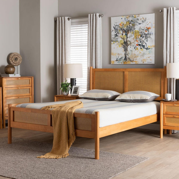 Baxton Studio Baxton Studio Jenn Queen Platform Bed - Japandi Design with Distressed Rattan & Warm Wood Elegance MG0224-1-5703R Rattan/NTOak1203-Queen