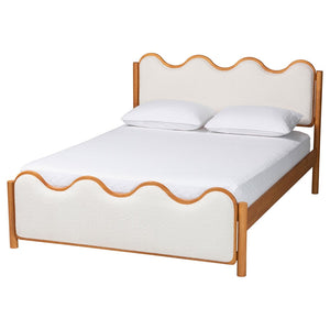 Baxton Studio Baxton Lilia Mid-Century Modern Cream Boucle Queen Platform Bed with Oak Brown Wood Frame Design MG0236-Cream-Queen