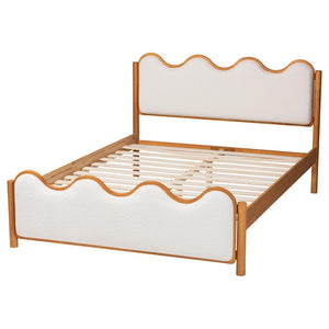 Baxton Studio Baxton Lilia Mid-Century Modern Cream Boucle Queen Platform Bed with Oak Brown Wood Frame Design MG0236-Cream-Queen