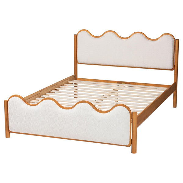 Baxton Studio Baxton Lilia Mid-Century Modern Cream Boucle Queen Platform Bed with Oak Brown Wood Frame Design MG0236-Cream-Queen