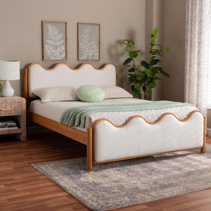 Baxton Studio Baxton Lilia Mid-Century Modern Cream Boucle Queen Platform Bed with Oak Brown Wood Frame Design MG0236-Cream-Queen