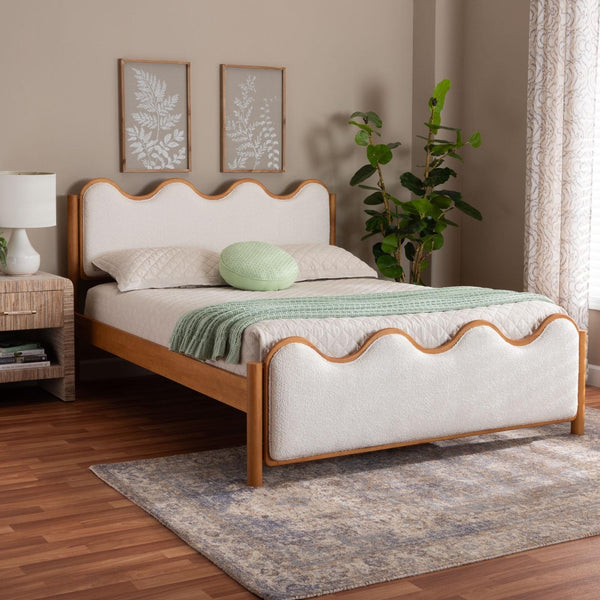Baxton Studio Baxton Lilia Mid-Century Modern Cream Boucle Queen Platform Bed with Oak Brown Wood Frame Design MG0236-Cream-Queen
