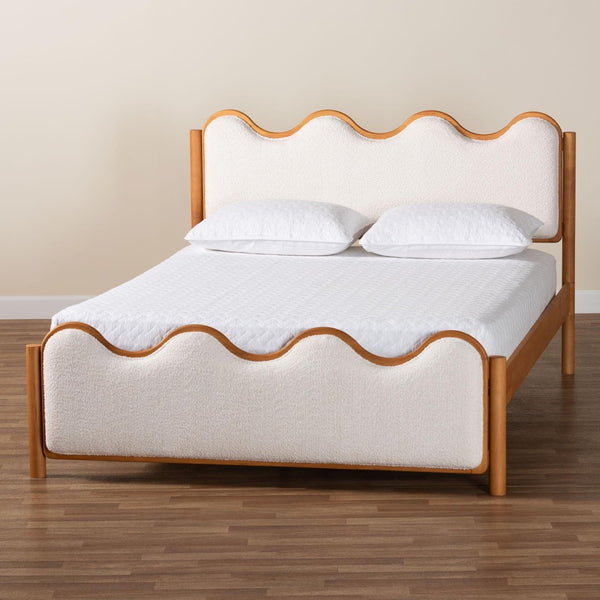 Baxton Studio Baxton Lilia Mid-Century Modern Cream Boucle Queen Platform Bed with Oak Brown Wood Frame Design MG0236-Cream-Queen