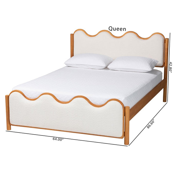 Baxton Studio Baxton Lilia Mid-Century Modern Cream Boucle Queen Platform Bed with Oak Brown Wood Frame Design MG0236-Cream-Queen