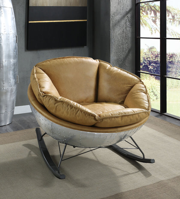 English Elm Pippin Morocco Top Grain Leather Rocking Chair with Aluminum Base — Luxurious Brown Comfort & Durable Style B2726P242451