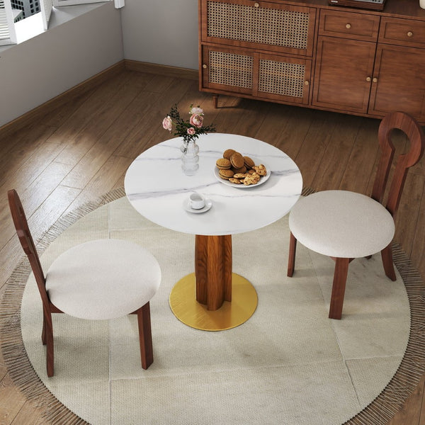 English Elm Modern Sintered Stone Round Dining Table Gold Base Wooden Leg Compact Two Seat W1535S00608