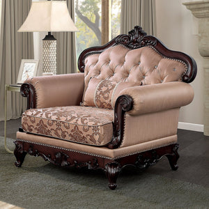 English Elm Dark Classic Tufted Accent Chair with Rolled Arms, Carved Wood Trim and Nailhead Detailing, Luxe Seating Statement Cherry,Light Brown 49 L x 36 W x 22 H B2741P380261