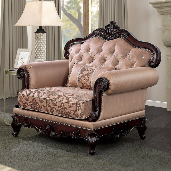 English Elm Dark Classic Tufted Accent Chair with Rolled Arms, Carved Wood Trim and Nailhead Detailing, Luxe Seating Statement Cherry,Light Brown 49 L x 36 W x 22 H B2741P380261