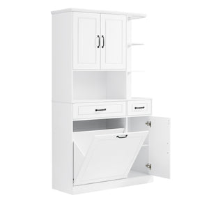 English Elm Tall Freestanding Organizer Cabinet with Tilt-Out Hamper, 2 Drawers, Adjustable Shelves, Modern White MDF Storage N725S352451K