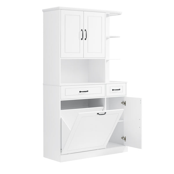 English Elm Tall Freestanding Organizer Cabinet with Tilt-Out Hamper, 2 Drawers, Adjustable Shelves, Modern White MDF Storage N725S352451K