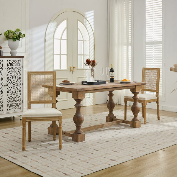 English Elm French Louis Dining Chair Set of 2 with Rattan Square Backrest, Carved Solid Wood Frame, Cushioned Elegance Beige W1143P335056