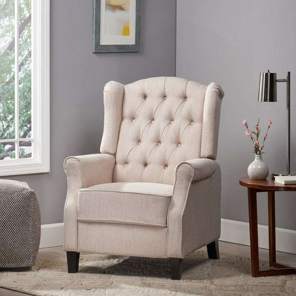 English Elm Christopher Knight Home® - Pushback Tufted Recliner Chair in Beige Fabric with Wingback Design, Birch Legs, Contemporary Comfort and Style 68629.00