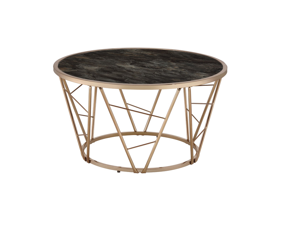 English Elm Cicatrix Round Glass Top Coffee Table with Champagne Metal Cone Base and Faux Black Marble Accent B2726P281465