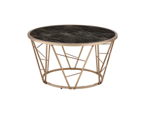 English Elm Cicatrix Round Glass Top Coffee Table with Champagne Metal Cone Base and Faux Black Marble Accent B2726P281465