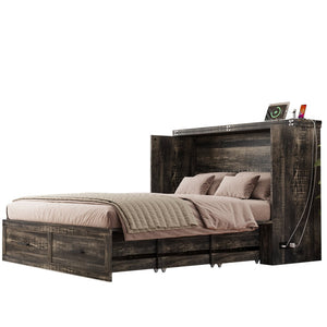 English Elm Queen Murphy Cabinet Bed Rustic Grey Farmhouse Style with Charging Station Storage W5271S00001