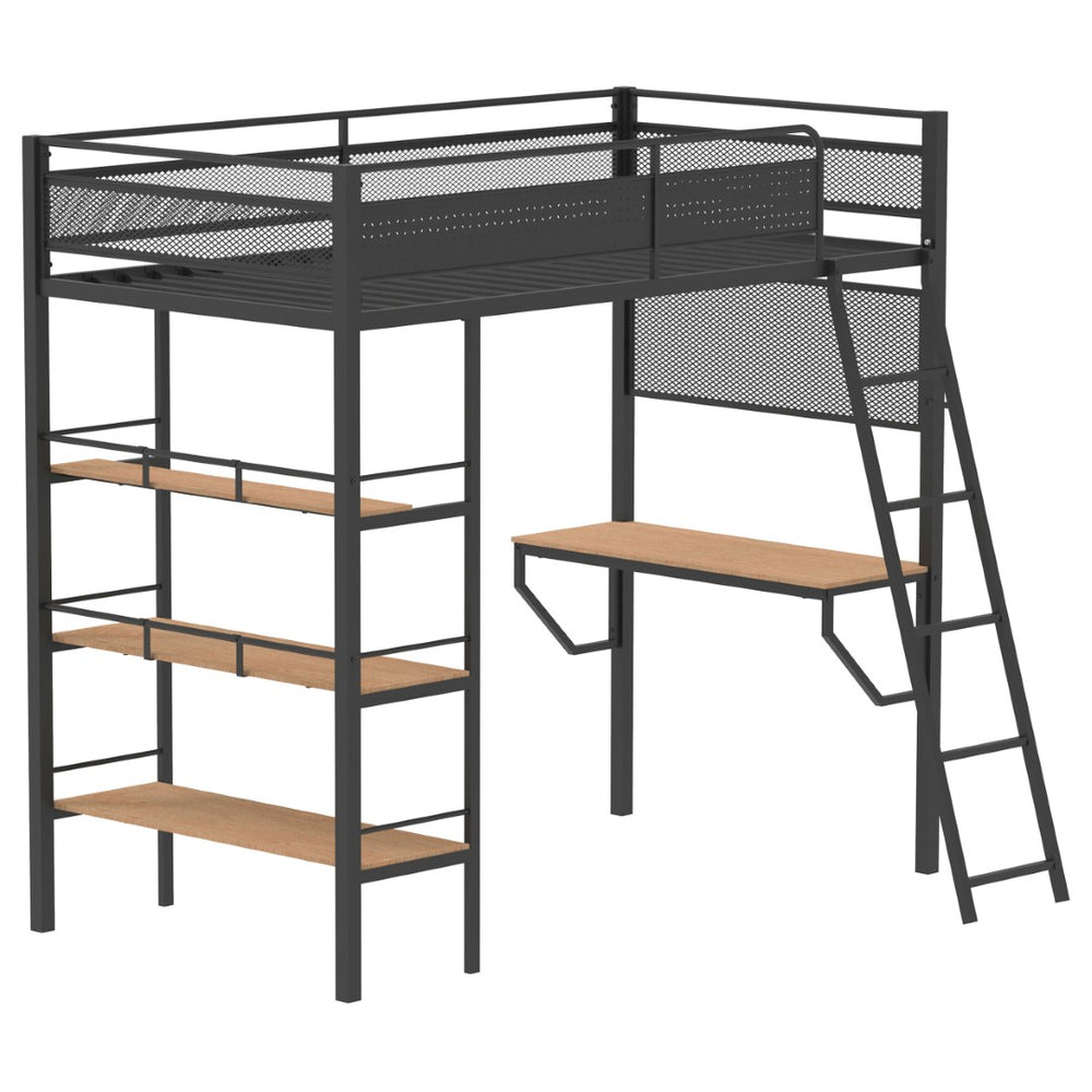 English Elm William Twin Loft Bed with Built-in Desk and Shelves Industrial Steel Frame B062S01720