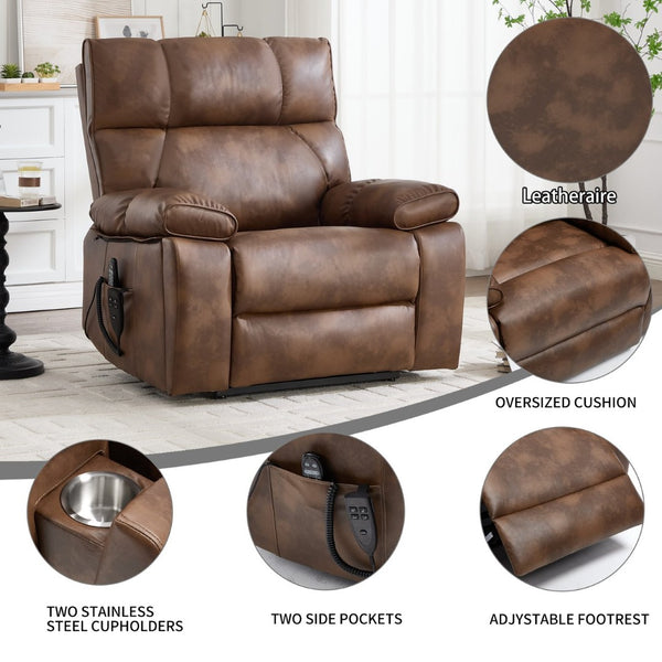 English Elm Brown Leatheraire Power Lift Recliner Dual Motor Massage Heat Heavy Duty 350 Lb W1803P340282