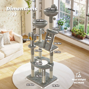 English Elm 72in Cactus Cat Tower Sisal Posts Plush Perches Capsule Pod Multi-level Climb Gray W1578P447629