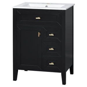 English Elm "24'' 24 Inch Glossy Freestanding Bathroom Vanity with Gold Hardware and Soft Close Storage Black Rubberwood N725P448529B