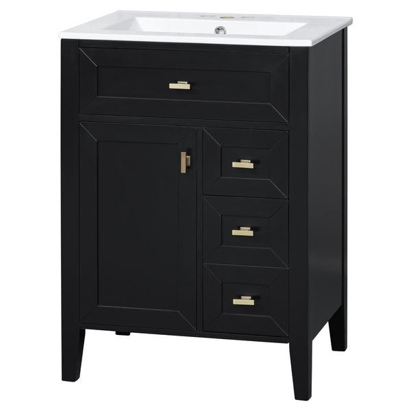 English Elm "24'' 24 Inch Glossy Freestanding Bathroom Vanity with Gold Hardware and Soft Close Storage Black Rubberwood N725P448529B